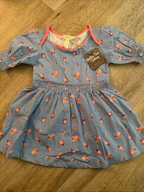 Matilda Jane Blue Polka Dot Floral Girl Dress with Pink Trim